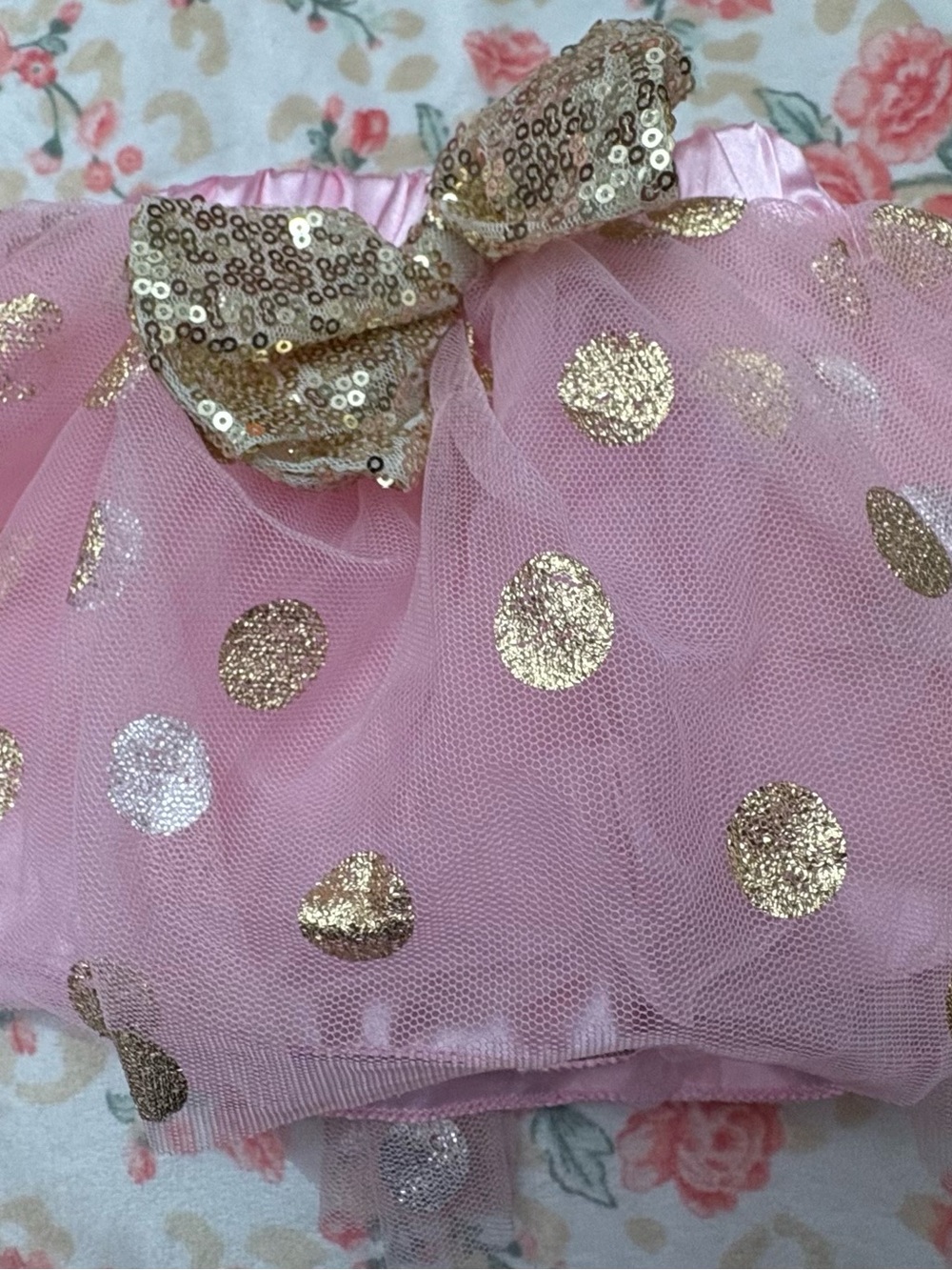 Pink Tulle Diaper Cover with Gold Polka Dots and Bow